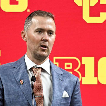 Jul 24, 2024; Indianapolis, IN, USA;  USC Trojans head coach Lincoln Riley speaks to the media during the Big 10 football media day at Lucas Oil Stadium. Mandatory Credit: Robert Goddin-Imagn Images