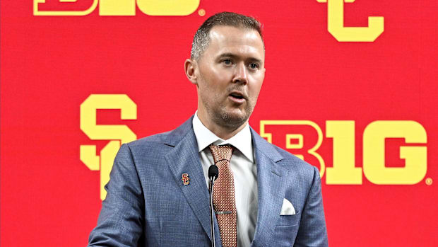 Jul 24, 2024; Indianapolis, IN, USA;  USC Trojans head coach Lincoln Riley speaks to the media during the Big 10 football med