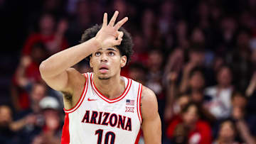 Nov 11, 2025; Tucson, Arizona, USA;  Arizona Wildcats forward Koa Peat (10) scores a three pointer during the first half of the game against the Northern Arizona Lumberjacks at McKale Memorial Center. Mandatory Credit: Aryanna Frank-Imagn Images