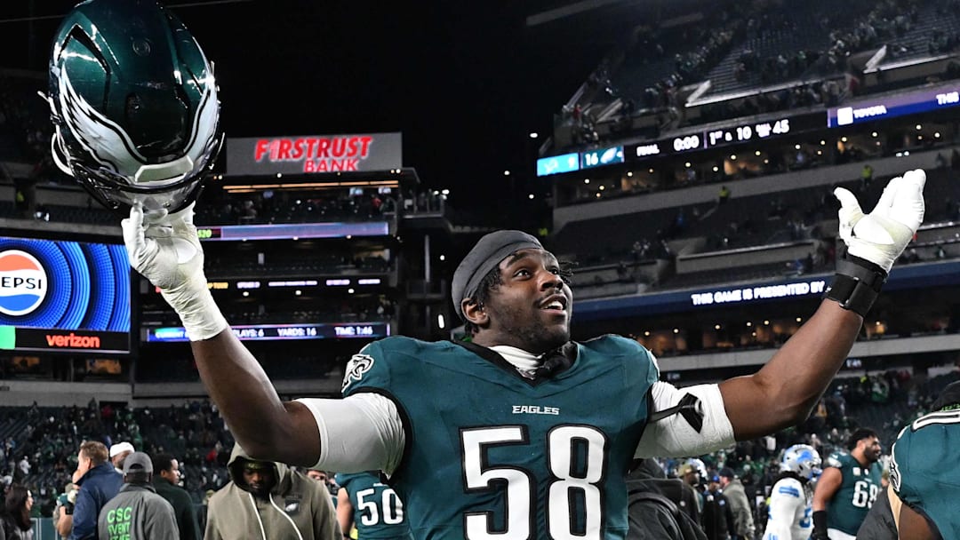 Nov 16, 2025; Philadelphia, Pennsylvania, USA; Philadelphia Eagles linebacker Jalyx Hunt (58) reacts after the game against the Detroit Lions at Lincoln Financial Field. Mandatory Credit: Eric Hartline-Imagn Images