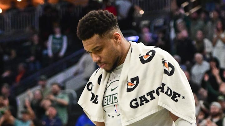 Milwaukee Bucks forward Giannis Antetokounmpo (34) looks on in the fourth quarter against the Atlanta Hawks at Fiserv Forum on March 4, 2026.