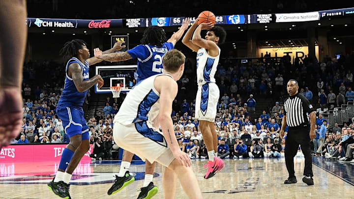 Feb 7, 2026; Omaha, Nebraska, USA;  Creighton Bluejays guard Nik Graves (5) makes a three-point basket to win the game against the Seton Hall Pirates during the second half at CHI Health Center Omaha. Mandatory Credit: Steven Branscombe-Imagn Images