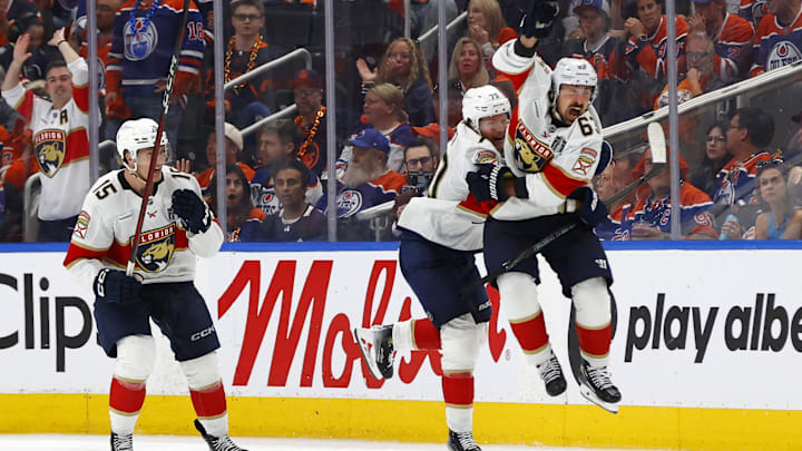 Jun 6, 2025; Edmonton, Alberta, CAN; Florida Panthers center Brad Marchand (63) reacts after making the game winning goal against the Edmonton Oilers during double overtime in game two of the 2025 Stanley Cup Final at Rogers Place. Mandatory Credit: Perry Nelson-Imagn Images