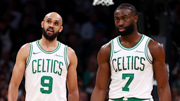 Boston Celtics guards Derrick White (9), and Jaylen Brown (7).