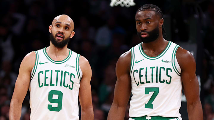 Boston Celtics guards Derrick White (9), and Jaylen Brown (7).