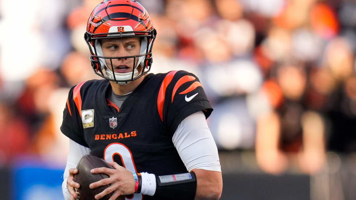 Cincinnati Bengals quarterback Joe Burrow (9) looks left with the snap in the third quarter of the NFL Week 10 game between the Cincinnati Bengals and the Houston Texans at Paycor Stadium in downtown Cincinnati on Sunday, Nov. 12, 2023.