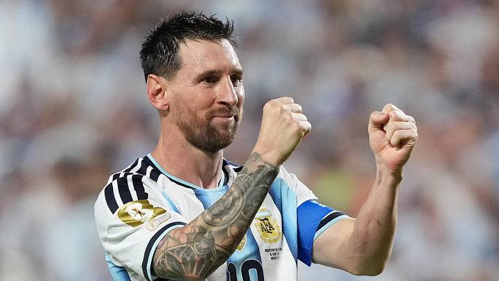  June 16, 2026; Kansas City, Missouri, U.S.; Argentina's Lionel Messi celebrates scoring their third goal to complete a hat-trick.  Mandatory Credit: Jay Biggerstaff-Imagn Images 