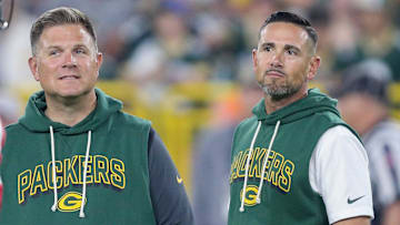Green Bay Packers general manager Brian Gutekunst and head coach Matt LaFleur survey practice during Family Night on Saturday, August 2, 2025, at Lambeau Field in Green Bay, Wis. 
Tork Mason/USA TODAY NETWORK-Wisconsin