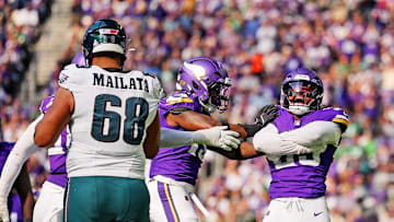 Oct 19, 2025; Minneapolis, Minnesota, USA; Minnesota Vikings linebacker Eric Wilson (55) celebrates after a sack during the second half against the Philadelphia Eagles at U.S. Bank Stadium. Mandatory Credit: Brad Rempel-Imagn Images