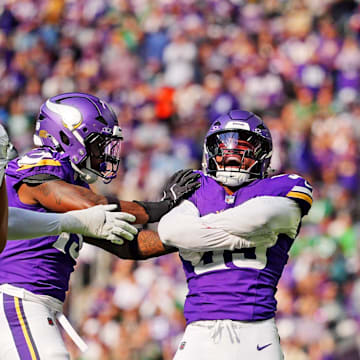 Oct 19, 2025; Minneapolis, Minnesota, USA; Minnesota Vikings linebacker Eric Wilson (55) celebrates after a sack during the second half against the Philadelphia Eagles at U.S. Bank Stadium. Mandatory Credit: Brad Rempel-Imagn Images