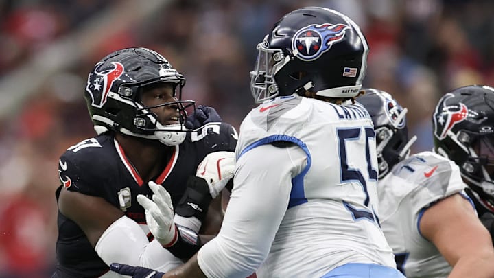 Nov 24, 2024; Houston, Texas, USA; Houston Texans defensive end Will Anderson Jr. (51) rushes Tennessee Titans offensive tackle JC Latham (55) in the third quarter at NRG Stadium. Mandatory Credit: Thomas Shea-Imagn Images