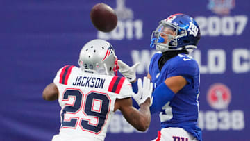 Nov 26, 2023; East Rutherford, New Jersey, USA; New York Giants wide receiver Jalin Hyatt (13) hauls