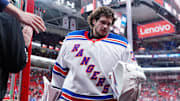 Nov 27, 2024; Raleigh, North Carolina, USA;  New York Rangers goaltender Igor Shesterkin (31) comes off the ice after the warmups before the game against the Carolina Hurricanes at Lenovo Center. Mandatory Credit: James Guillory-Imagn Images