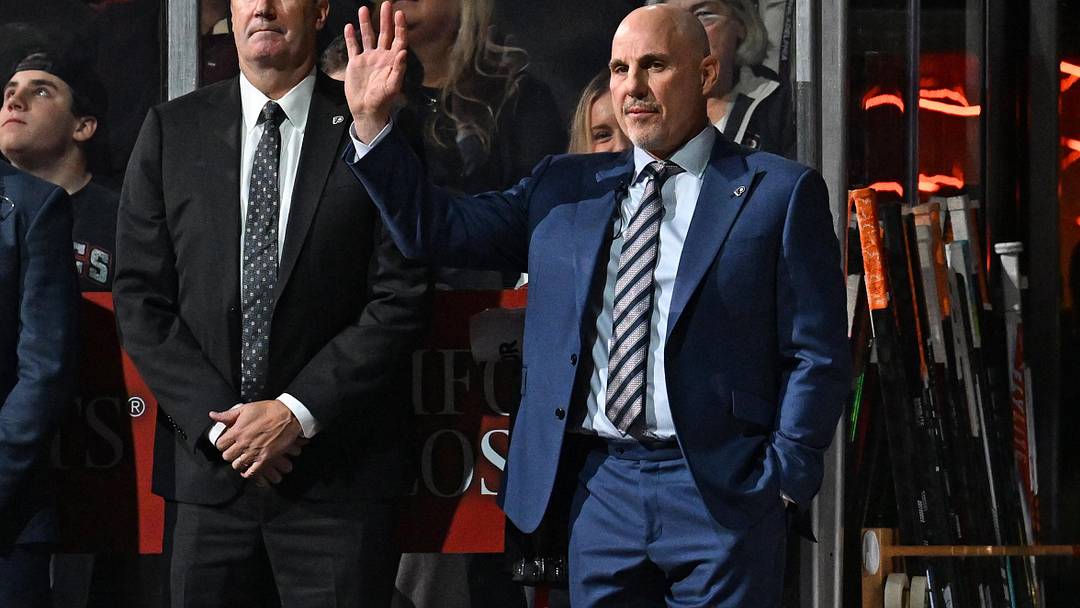 Oct 13, 2025; Philadelphia, Pennsylvania, USA; Philadelphia Flyers assistant head coach Todd Reirden and Rick Tocchet during introductions against the Florida Panthers at Wells Fargo Center. Mandatory Credit: Eric Hartline-Imagn Images