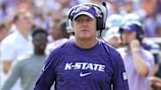 Sep 28, 2024; Manhattan, Kansas, USA; Kansas State Wildcats head coach Chris Klieman looks at his team during a timeout against the Oklahoma State Cowboys at Bill Snyder Family Football Stadium. Mandatory Credit: Scott Sewell-Imagn Images