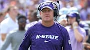 Sep 28, 2024; Manhattan, Kansas, USA; Kansas State Wildcats head coach Chris Klieman looks at his team during a timeout against the Oklahoma State Cowboys at Bill Snyder Family Football Stadium. Mandatory Credit: Scott Sewell-Imagn Images