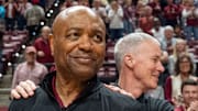 Florida State Seminoles head coach Leonard Hamilton is greeted by Southern Methodist Mustangs head coach Andy Enfield before tipoff. The Florida State Seminoles lead the Southern Methodist Mustangs 33-32 at the half on Saturday, March 8, 2025.