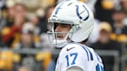 Nov 2, 2025; Pittsburgh, Pennsylvania, USA;  Indianapolis Colts quarterback Daniel Jones (17) looks to pass against the Pittsburgh Steelers during the first quarter at Acrisure Stadium. Mandatory Credit: Charles LeClaire-Imagn Images