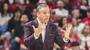 Arkansas Razorbacks coach John Calipari on the sidelines against the Missouri Tigers at Bud Walton Arena in Fayetteville, Ark.