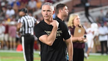 Oct 4, 2025; Tallahassee, Florida, USA; Florida State Seminoles head coach Mike Norvell before a game against the Miami Hurricanes at Doak S. Campbell Stadium. Mandatory Credit: Robert Myers-Imagn Images