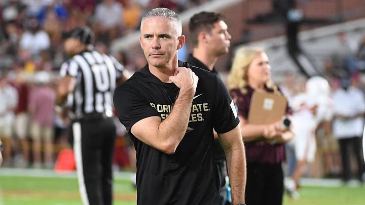 Oct 4, 2025; Tallahassee, Florida, USA; Florida State Seminoles head coach Mike Norvell before a game against the Miami Hurricanes at Doak S. Campbell Stadium. Mandatory Credit: Robert Myers-Imagn Images