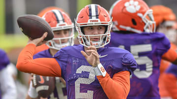 Clemson quarterback Cade Klubnik (2) with quarterbacks in a passing drill during the football practice at the Allen N. Reeves Football Complex at Clemson University in Clemson, S.C. Wednesday, March 5, 2025.