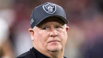 Aug 23, 2025; Glendale, Arizona, USA; Las Vegas Raiders offensive coordinator Chip Kelly against the Arizona Cardinals during a preseason NFL game at State Farm Stadium. Mandatory Credit: Mark J. Rebilas-Imagn Images