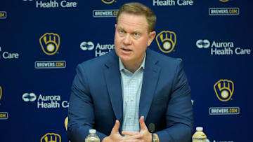 Senior Vice President and General Manager Matt Arnold speaks during an an end of season press conference at American Family Field in Milwaukee on Tuesday, Oct. 10, 2023.
