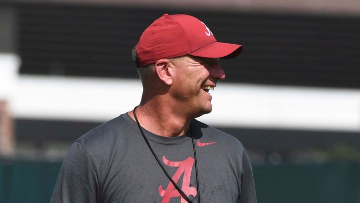 The Crimson Tide football team continued practice Thursday, Aug. 1, 2024, as they prepare for the season opener and the first game under new head coach Kalen DeBoer. DeBoer watches with a smile as his players run through defensive drills.