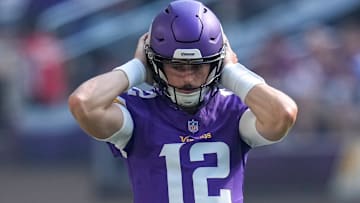 Minnesota Vikings quarterback Max Brosmer (12) enters the game in the fourth quarter of the NFL Week 3 game between the Minnesota Vikings and the Cincinnati Bengals at U.S. Bank Stadium in Minneapolis on Sunday, Sept. 21, 2025. The Vikings won, 48-10.
