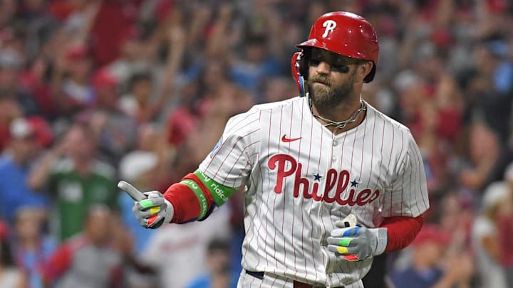 Aug 18, 2025; Philadelphia, Pennsylvania, USA;  Philadelphia Phillies first base Bryce Harper (3) runs the bases after hitting a three-run home run during the seventh inning against the Seattle Mariners at Citizens Bank Park.