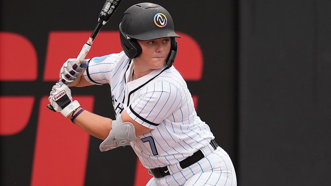 Erin Coffel, a Team Kowalik member in Series 3 of the AUSL All-Star Cup, bats for Team McQuillin during an Athletes Unlimited Pro Softball Championship (the former name of the league) game against Team Kilfoyl at Max R. Joyner Family Stadium on Aug. 7, 2024 in Greenville, N.C.