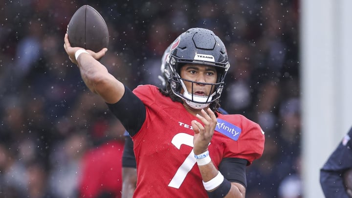 Jul 27, 2024; Houston, TX, USA; Houston Texans quarterback C.J. Stroud (7) during training camp at Houston Methodist Training Center. Mandatory Credit: Troy Taormina-USA TODAY Sports