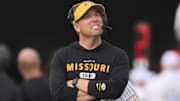 Oct 25, 2025; Nashville, Tennessee, USA; Missouri Tigers head coach Eli Drinkwitz on the sidelines during the second quarter against the Vanderbilt Commodores at FirstBank Stadium. 