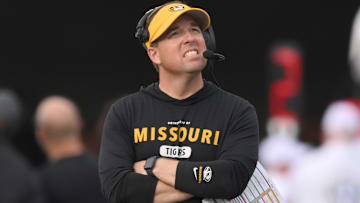 Oct 25, 2025; Nashville, Tennessee, USA; Missouri Tigers head coach Eli Drinkwitz on the sidelines during the second quarter against the Vanderbilt Commodores at FirstBank Stadium. 