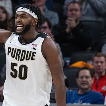 Purdue Boilermakers forward Trevion Williams (50) celebrates a made basket