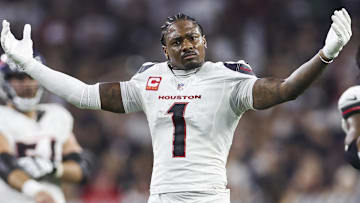 Sep 15, 2024; Houston, Texas, USA; Houston Texans wide receiver Stefon Diggs (1) reacts after a play during the second quarter against the Chicago Bears at NRG Stadium. Mandatory Credit: Troy Taormina-Imagn Images