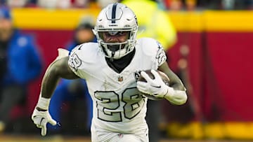Nov 29, 2024; Kansas City, Missouri, USA; Las Vegas Raiders running back Sincere McCormick (28) during the second half against the Kansas City Chiefs at GEHA Field at Arrowhead Stadium. Mandatory Credit: Jay Biggerstaff-Imagn Images