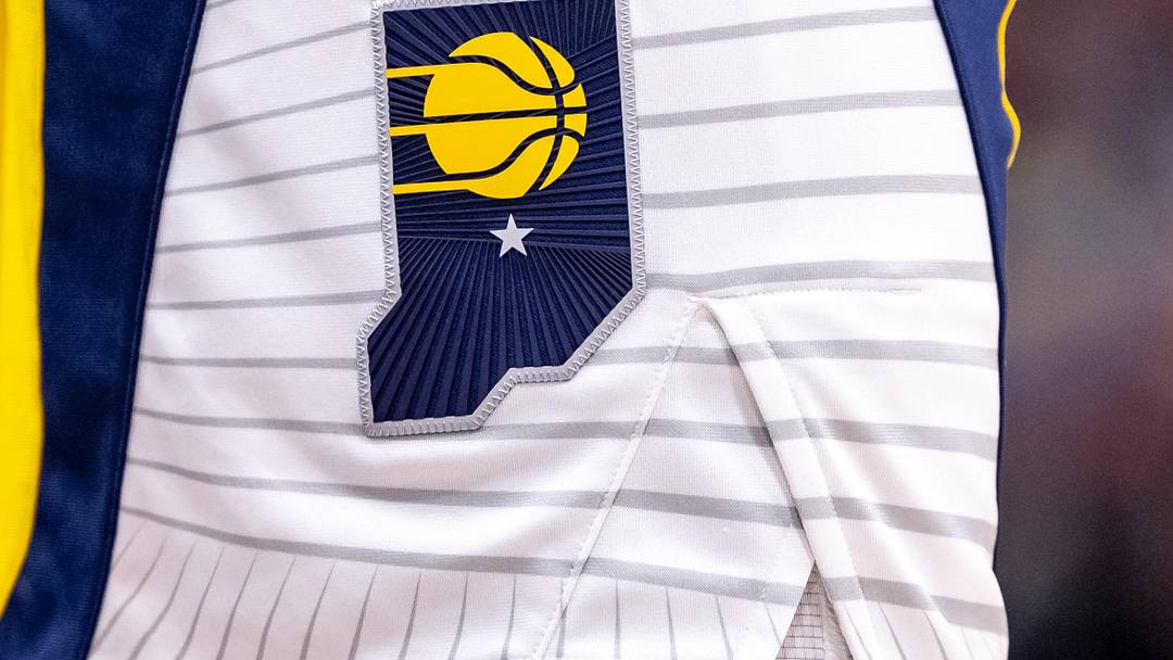 Nov 1, 2024; New Orleans, Louisiana, USA;  Details view of the Indiana Pacers logo against the New Orleans Pelicans during the second half at Smoothie King Center. Mandatory Credit: Stephen Lew-Imagn Images