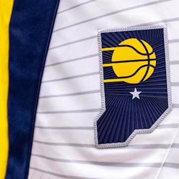 Nov 1, 2024; New Orleans, Louisiana, USA;  Details view of the Indiana Pacers logo against the New Orleans Pelicans during the second half at Smoothie King Center. Mandatory Credit: Stephen Lew-Imagn Images