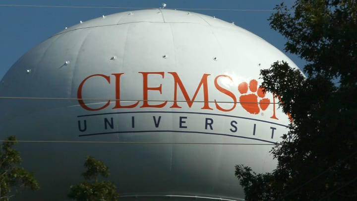 A water tower on State Highway 123 in Seneca entering the North end of Clemson University is branded with a logo, and trademark tiger paw.