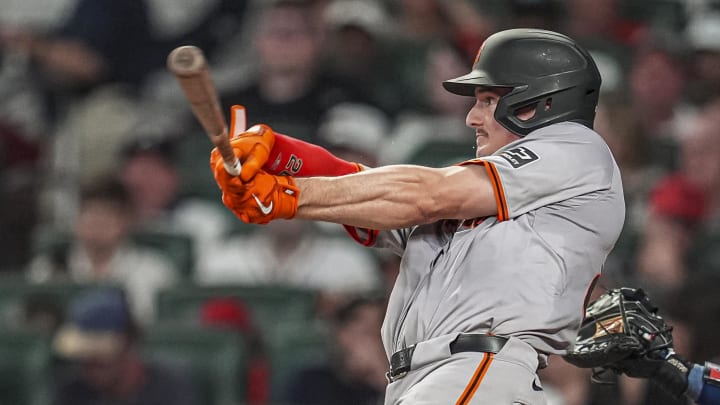 Jul 4, 2024; Cumberland, Georgia, USA; San Francisco Giants third baseman Matt Chapman (26) bats against the Atlanta Braves during the eighth inning at Truist Park. Mandatory Credit: Dale Zanine-USA TODAY Sports