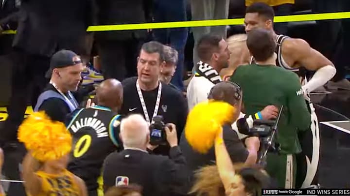 Tyrese Haliburton’s father and Giannis Antetokounmpo had to be separated following the Pacers win over the Bucks. Tyrese Haliburton’s father and Giannis Antetokounmpo had to be separated following the Pacers win over the Bucks.