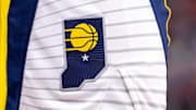 Nov 1, 2024; New Orleans, Louisiana, USA;  Details view of the Indiana Pacers logo against the New Orleans Pelicans during the second half at Smoothie King Center. Mandatory Credit: Stephen Lew-Imagn Images