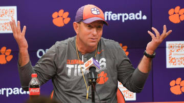 Clemson Head Coach Dabo Swinney speaks with media before the first day of Spring practice at the Poe Indoor Practice Facility at the Allen N. Reeves football complex in Clemson S.C. Wednesday, February 28, 2024.