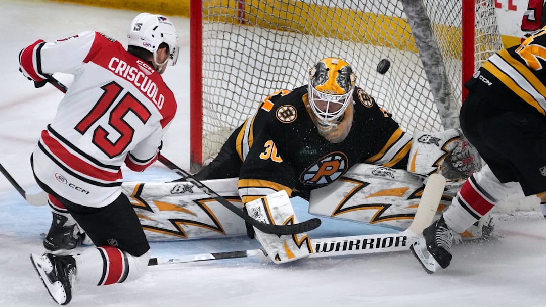 Providence Bruins goalie Michael DiPietro deflects a shot from Charlotte Checkers center Kyle Criscuolo in the second period.