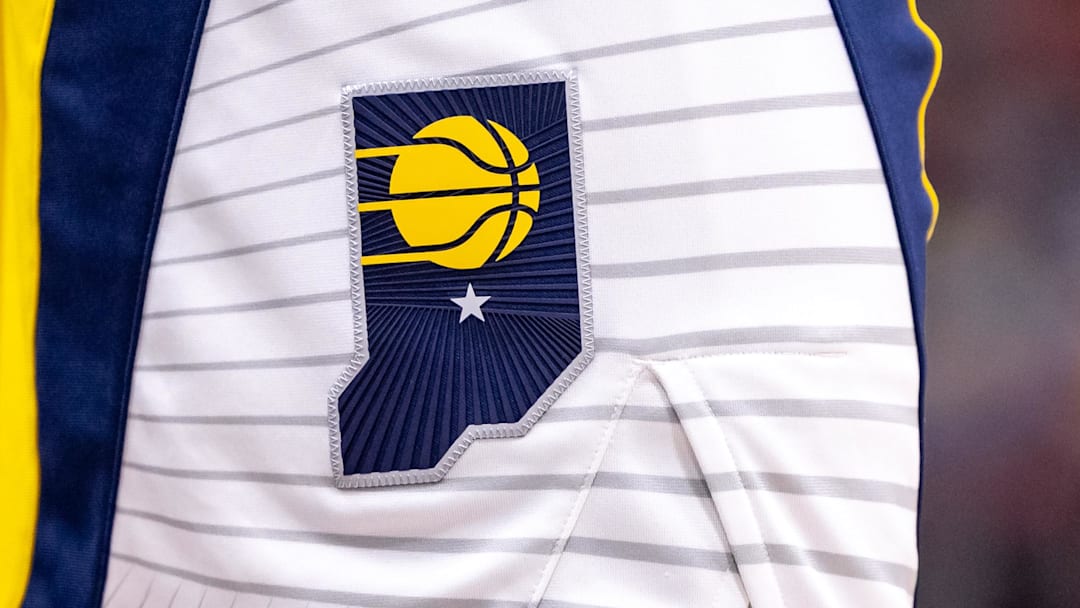 Nov 1, 2024; New Orleans, Louisiana, USA;  Detailed view of the Indiana Pacers logo against the New Orleans Pelicans during the second half at Smoothie King Center. Mandatory Credit: Stephen Lew-Imagn Images