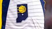 Nov 1, 2024; New Orleans, Louisiana, USA;  Detailed view of the Indiana Pacers logo against the New Orleans Pelicans during the second half at Smoothie King Center. Mandatory Credit: Stephen Lew-Imagn Images