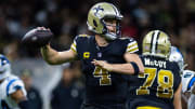 Dec 10, 2023; New Orleans, Louisiana, USA; New Orleans Saints quarterback Derek Carr (4) passes against the Carolina Panthers during the second half at the Caesars Superdome. Mandatory Credit: Stephen Lew-USA TODAY Sports