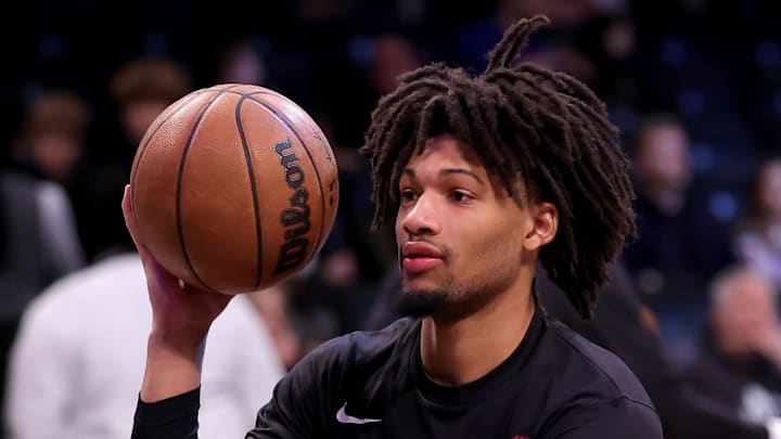 Jan 7, 2024; Brooklyn, New York, USA; Portland Trail Blazers guard Shaedon Sharpe (17) warms up before a game against the Brooklyn Nets at Barclays Center. Mandatory Credit: Brad Penner-Imagn Images